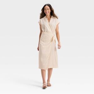 Women’s Short Sleeve Wrap Waist Midi Shirtdress Universal Thread Cream